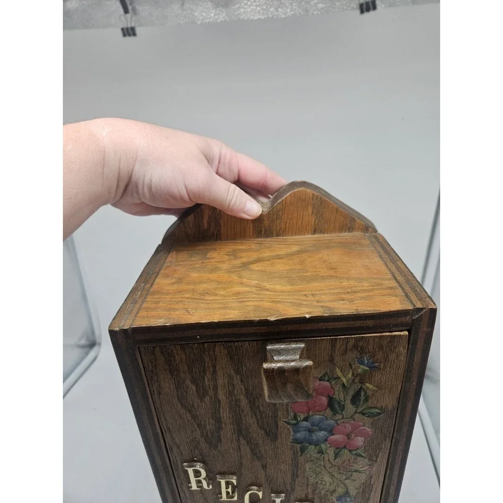 Vintage Wall Mounted Wooden Recipe Box w Fold-out Door